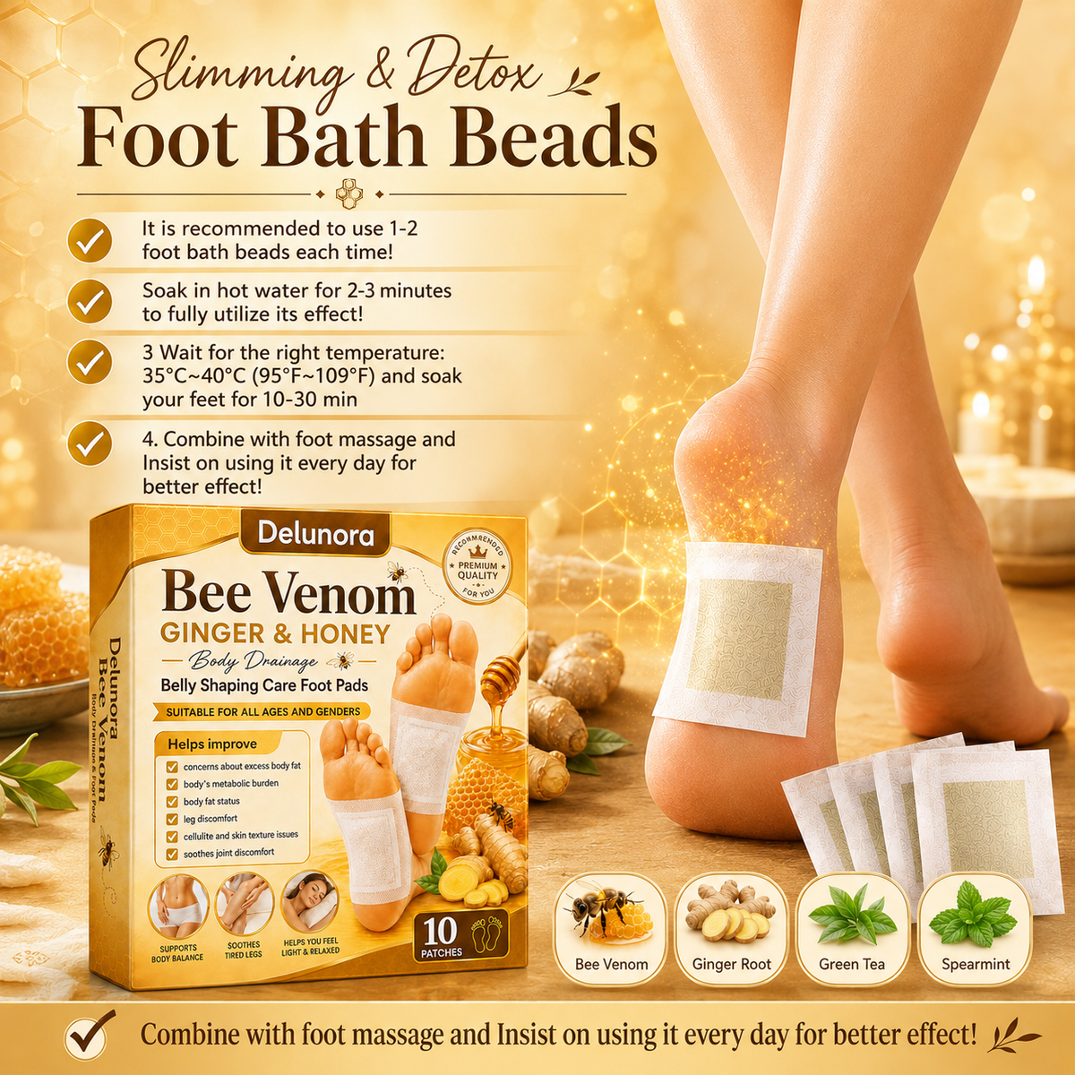 Delunora® Bee Venom Honey & Ginger Foot Pads -LSX